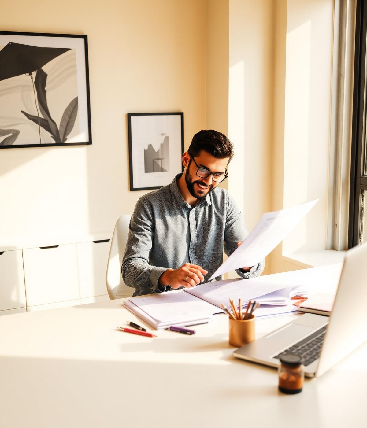 Entrepreneur reviewing business plans